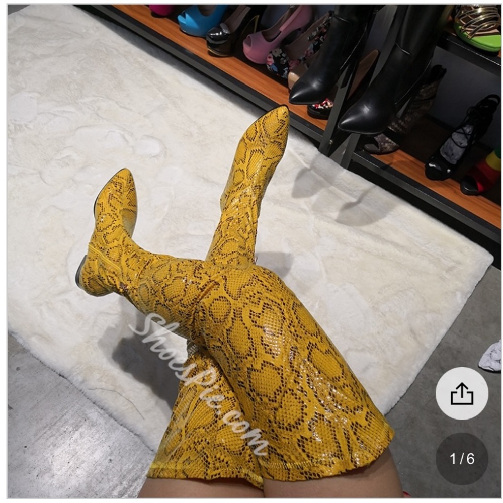 Shoespie Yellow Serpentine Zipper Thigh Boots